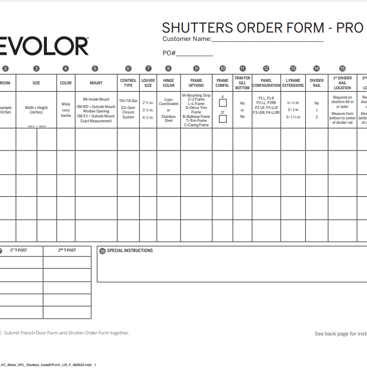 2021 Shutters Installer Order Form